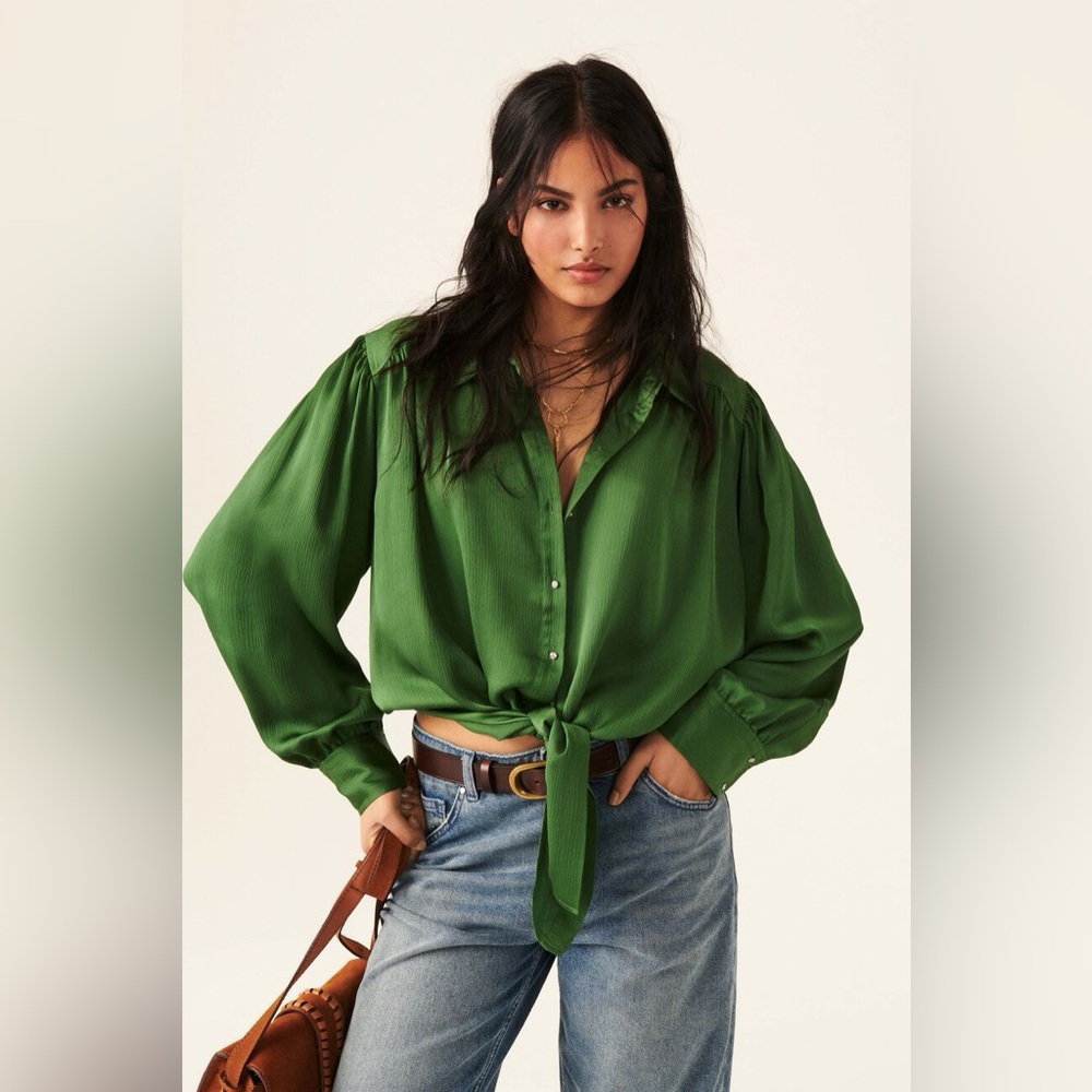Ba&sh Féria Women’s loose and floaty tie front blouse green vert new large shirt - Picture 2 of 10